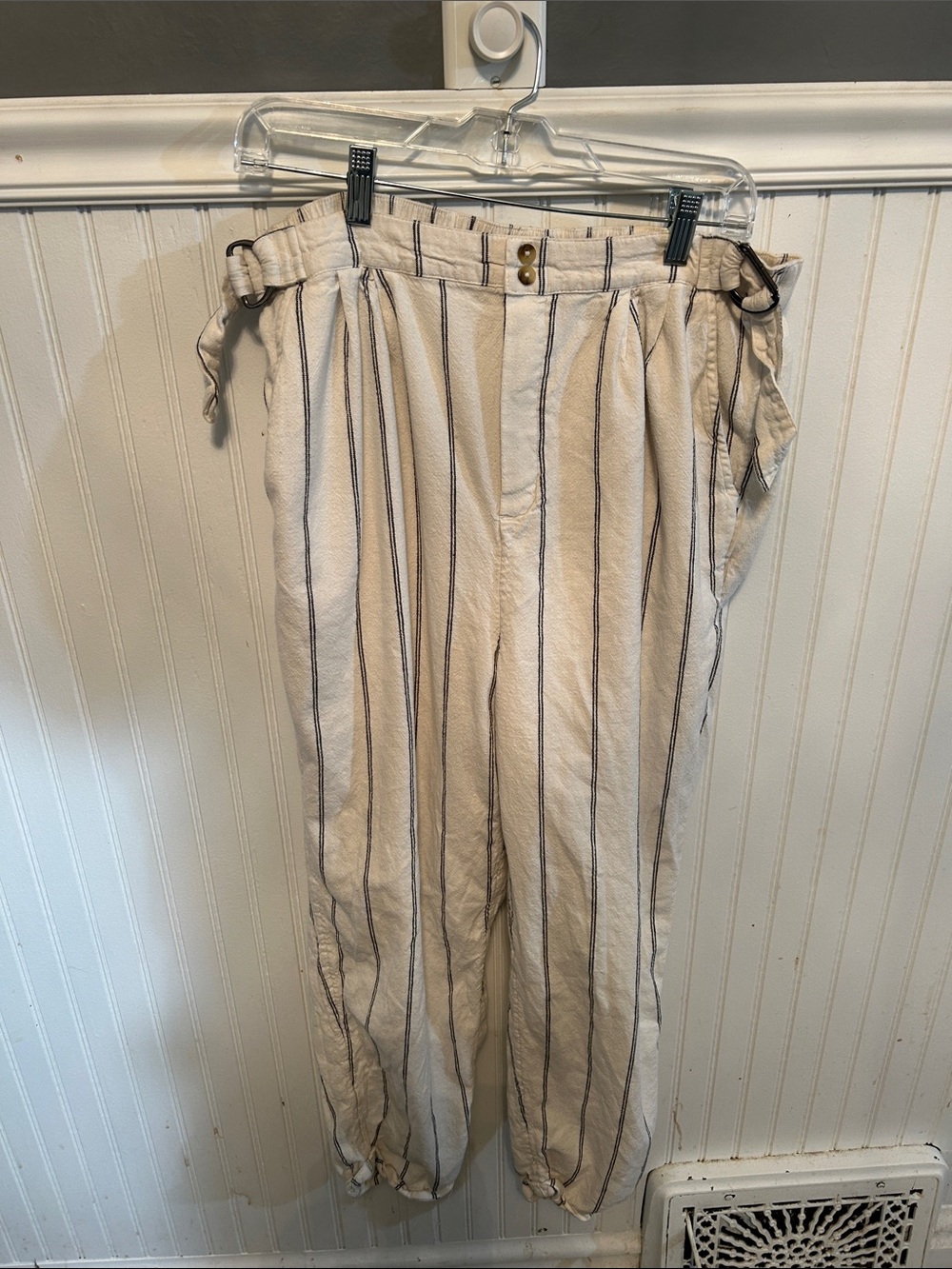 American Eagle Outfitters Cream Pants with Navy Stripes